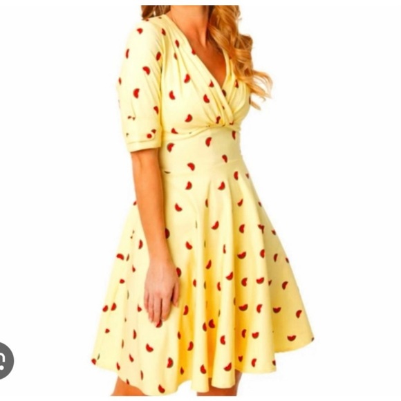 Unique Vintage Dresses & Skirts - Unique Vintage Womens Dress Size L 10-12. Watermelons On Yellow Knee Length Zip
